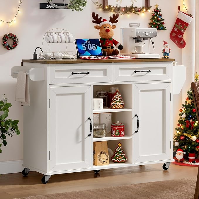 Kitchen Island with Power Outlets & Drop Leaf, Kitchen Cart with Storage, Drawer and Spice Rack, Tower Rack, Island Table, White and Walnut