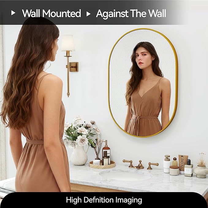 30x20 Mirror Runway Oval Wall Mounted Aluminum Alloy Metal Frame Rectangle Mirrors for Entryway Bedroom Bathroom Living Room 30 20 inch Gold