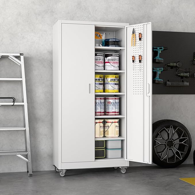 Garage Storage Cabinet with Wheels & Pegboard, 71" H x 34" W x 18" D Locking Metal Storage Cabinet with 2 Doors and 5 Adjustable Shelves for Garage Workshop Home, White, Assembly Required