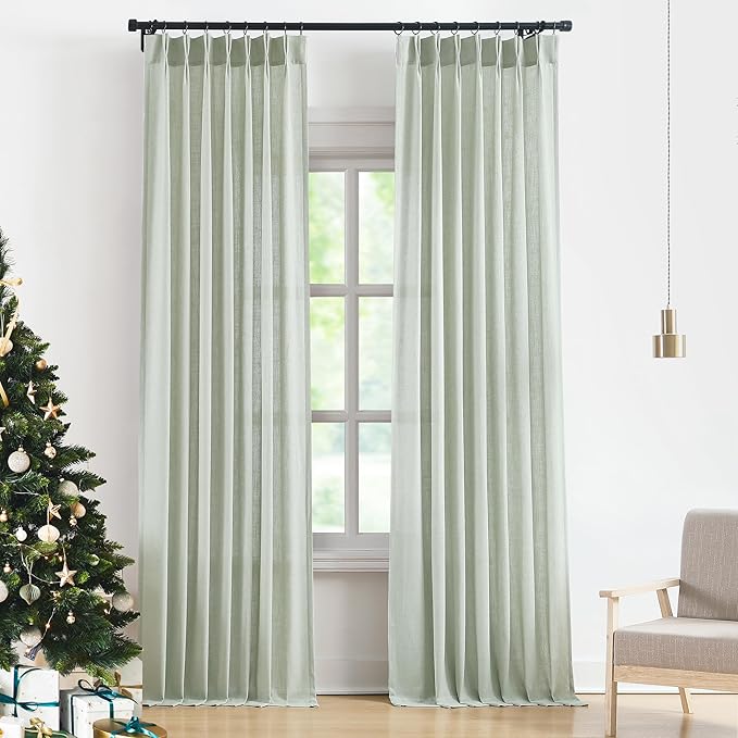 Vision Home Pinch Pleated Semi Sheer Curtains Textured Linen Blended Light Filtering Window Curtains 90 inch for Living Room Bedroom Pinch Pleat Drapes with Hooks 2 Panels 40" Wx90 L,Soft Green