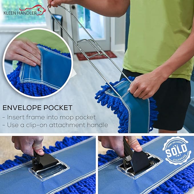 KLEEN HANDLER 6 Pack of 36 Inch Microfiber Dust Mop, Large Washable Commercial Mop Head Replacement, Sweeper, Janitorial Supplies, Blue