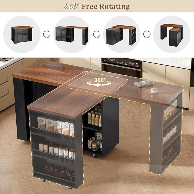 LYNCOHOME Rolling Kitchen Island with 360° Rotating Tabletop, Mobile Lockable Wheels & Adjustable Shelves, Multifunctional Storage Cart for Kitchen & Dining（Black）
