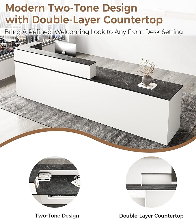 Modern L-Shaped Reception Desk with Counter – 71" Front Desk Reception Room Table with Lockable Drawer & Keyboard Tray for Office, Salon, Lobby, Checkout (White + Black, Right)