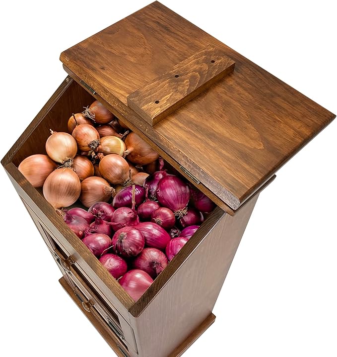 Peaceful Classics Wooden Bread & Veggie Storage Bin w/Lid, Decorative Potato & Onion Bin, Cherry