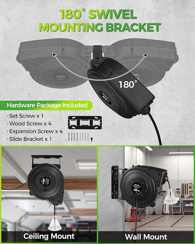 WILAWELS12 Gauge Retractable Extension Cord Reel, 45 FT 12AWG/3C SJTOW Heavy Duty Power Cord, 3 Grounded OutletsTriple Tap Cord Reel, Ceiling & Wall Mount, 15 Amp Circuit Breaker, UL Listed, H45CR06