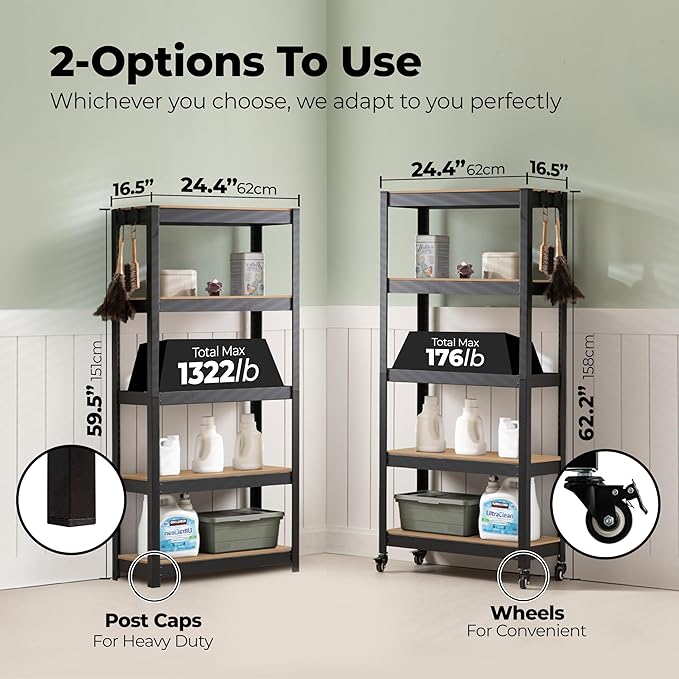 HOMEDANT House 24.4" 5-Tier Metal Rolling Cart Shelf Rack Casters Heavy Duty Laminated Wheel Shelving Unit Adjustable Utility Storage Shelves Shelf Kitchen Garage Black 1Pack