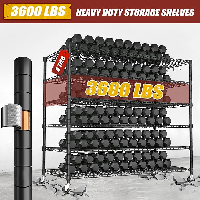 PrimeZone 6 Tier 80.7" H x 55.5" W x 24" D Wire Shelving with Wheels 3600lbs NSF Certified Storage Shelves Heavy Duty Metal Shelf Adjustable Rolling Rack Commercial Garage Restaurant Warehouse 4pcs