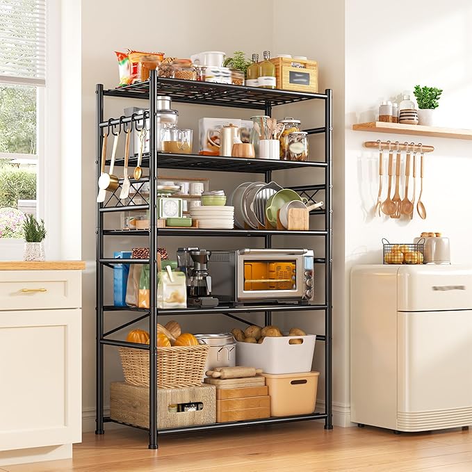 Storage Shelves 5-Tier Large Capacity Metal Shelving with Hooks, Heavy Duty Garage Shelving Unit with Leveling Feet, Stable Metal Shelves for Pantry, Kitchen and Closet, 72" H x 36" W x 12" D, Black