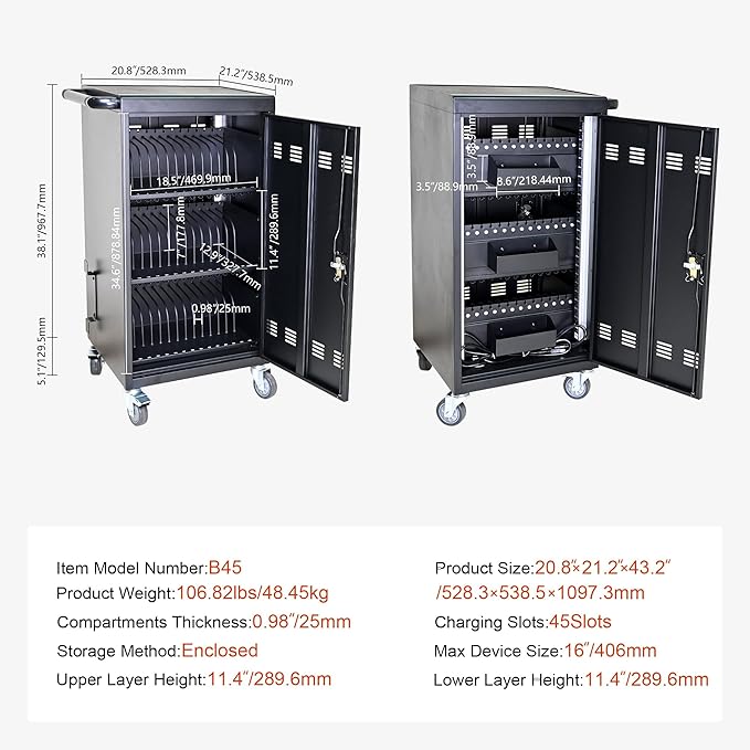 Laptop Charging Cart,45 Devices Tablet Storage Carts for pad Up to 16.3" Screen Size, Classroom Computer Mobile Charging Station for Pads, Chromebooks,Laptops, Security Storage(45 Bay-Black)