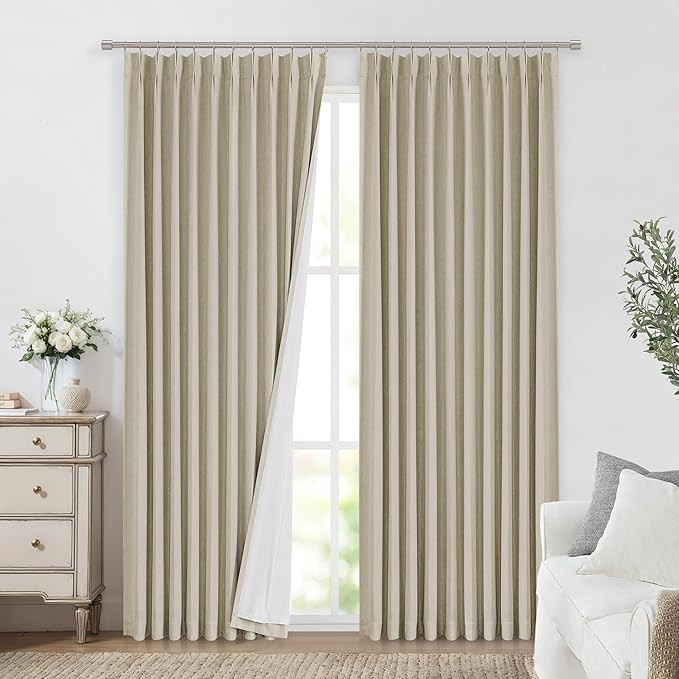 Vision Home Sand Pinch Pleated Full Blackout Curtains Linen Blended Room Darkening Window Curtains 95 inch for Living Room Bedroom Thermal Insulated Pinch Pleat Drapes with Hooks 1 Panel 60" Wx95 L