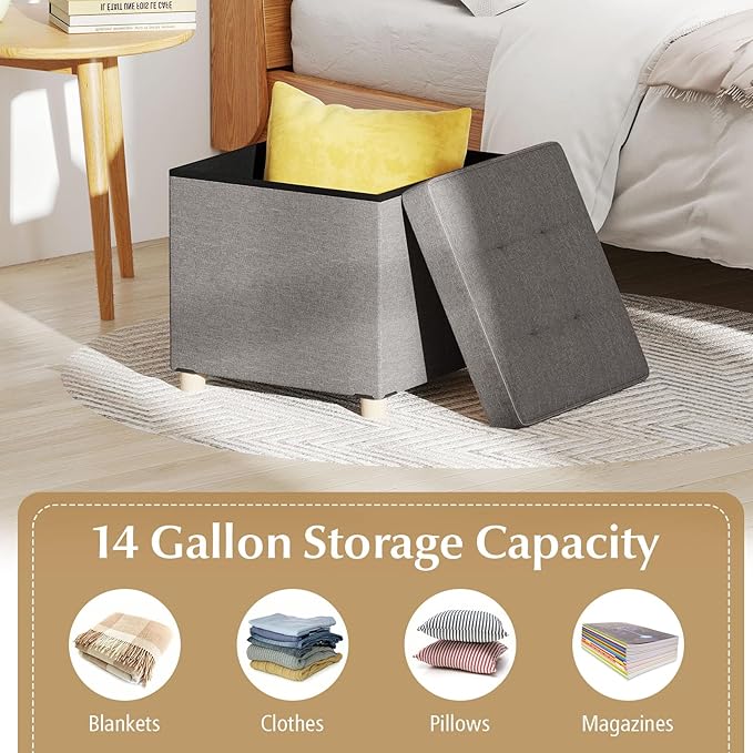 GOFLAME 18 Inches Storage Ottoman, Linen Fabric Cube Footstool with Rubber Wood Legs, Side Table with Flip Top Tray, Square Foot Rest Stool, Shoe Changing Stool for Living Room, Bedroom, Entryway