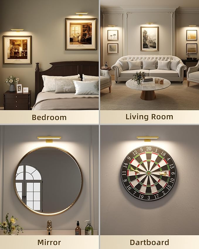 EZVALO Picture Light for Wall, Rechargeable 2400mAh Battery Lights Wireless Remote, 3 Color & Dimmable Magnetic 8'' LED Lights Display for Painting, Living Room, Gallery, Bedroom, Dashboard(Gold-3P)
