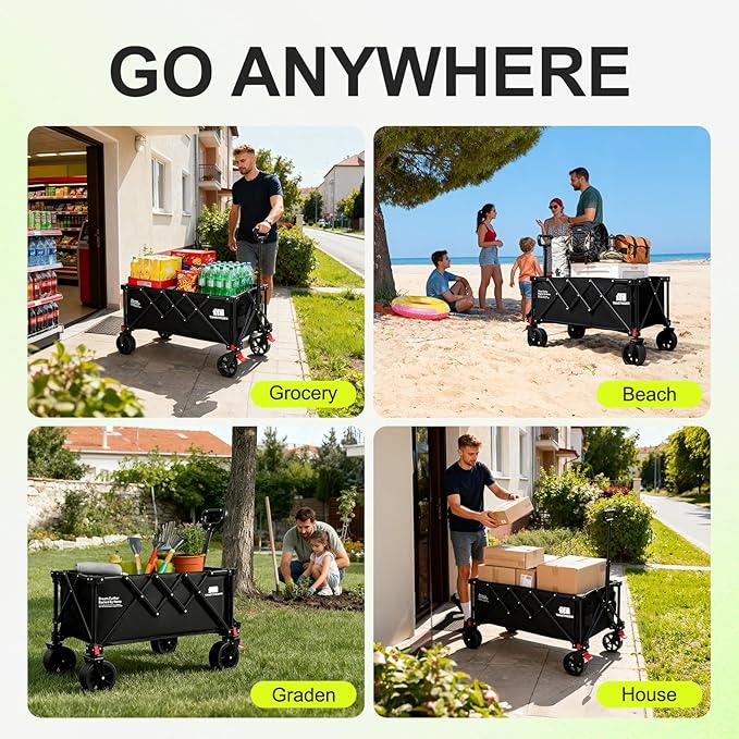 Collapsible Wagon with Wheels,Wagons Carts Foldable Wagon Cart with Flexible Handle, Lightweight Portable Folding Utility Grocery Shopping Cart for Grocery Sports Garden Camping(Black)