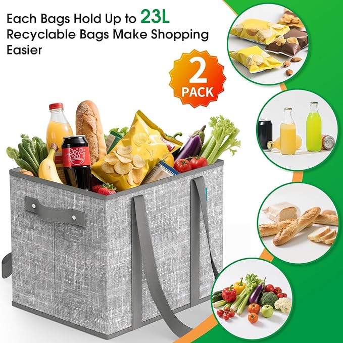 Fab totes Reusable Grocery Bags, Large Foldable Shopping Tote Bags with Reinforced Handles & Hard Bottom,Water Resistant Grocery Bags for kitchen,Picnic,2 Pack, Grey