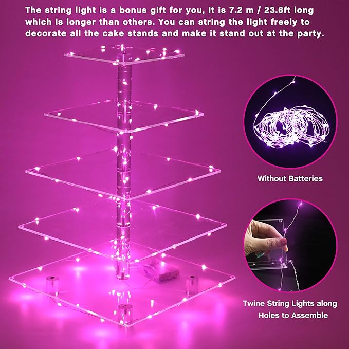YestBuy Cupcake Stand with Pink Lights – 5 Tier Premium Cupcake Holder – Acrylic Cupcake Tower Display Stand – Cady Bar Party Décor –Acrylic Display for Pastry + LED Light String – Ideal for Weddings, Birthday (Pink)