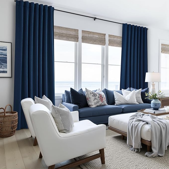 Navy Blue Blackout Curtains 96 Inch Length for Kids/Boys Rooms/Bedroom, Floor to Ceiling Track Pleated Drapes with Hooks Linen Thermal Coastal Curtain Dark Blue Window Burg 50"Wx96"Lx 2Panels Back Tab