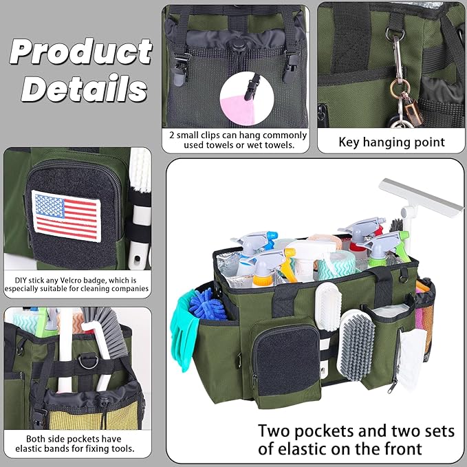 Wearable Cleaning Caddy Bag, Cleaning Organizer with Handles, Cleaning Supply Tote with Adjustable Shoulder Strap for Cleaners & Housekeeper (Green, 13.4'' x 7.3'' x 9.3'')