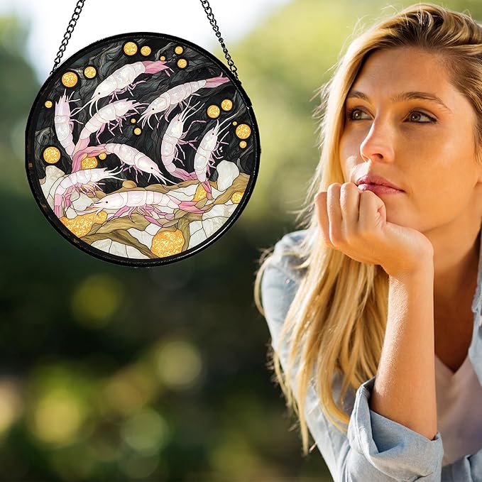 Stained Glass Window Hanging - Pink Shrimp Suncatcher for Doors Garden Marine Life Sun Catchers Decor Christmas Mother's Day Birthday Gifts for Women Men Mom Nana Friend Boys Girls 7.8 in