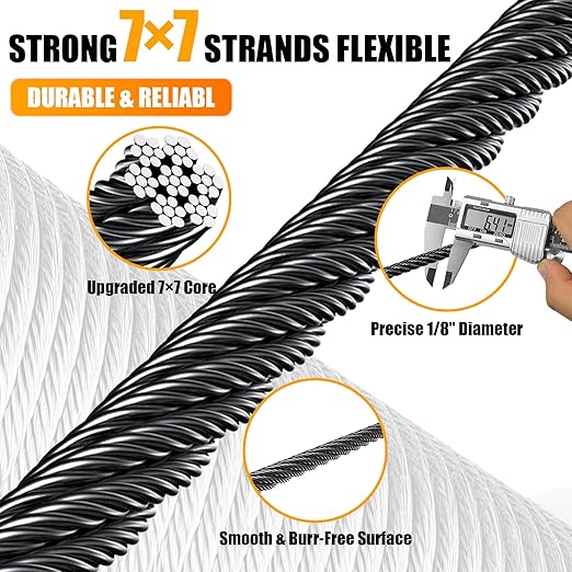 AHEONLAR 500FT 1/8" T316 Stainless Steel Cable for Railing,7x7 Wire Rope with Cutter,1850 lb Breaking Strength,Deck Stair Fence Hardware Kit for Indoor Outdoor Use,Black