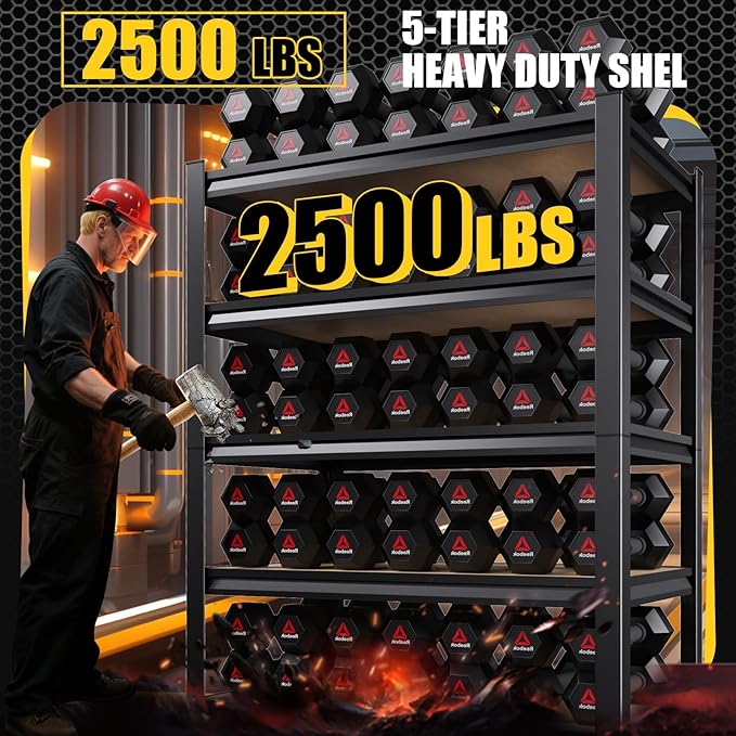 72”H*46”W Garage Shelving Heavy Duty Storage Shelves, 5-Tier Metal Adjustable Shelving Unit 2500LBS Utility Garage Organizer Shelf Rack for Pantry, Kitchen, Warehouse, Black, 2 Pack