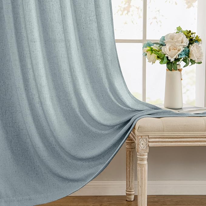 MIULEE Non-See-Through Privacy Linen Curtains 2 Panels, Light Filtering Window Curtains Farnhouse Textured Back Tab Semi Sheer Drapes for Bedroom Living Room, 52 x 108 Inches Long, Stone Blue