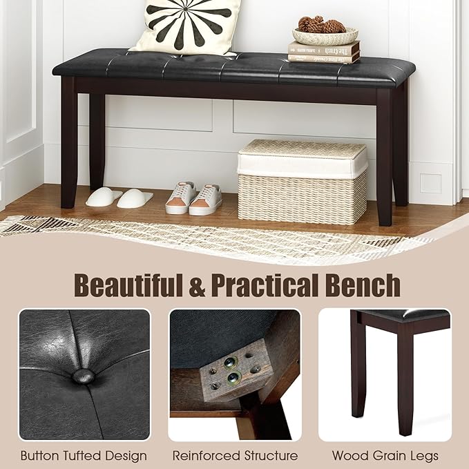Giantex Dining Room Bench, Traditional Upholstered Table Benches, Hallway PU Leather Bench Entryway Bench, Bedroom Bench for End of Bed, Ottoman Bench (Brown)