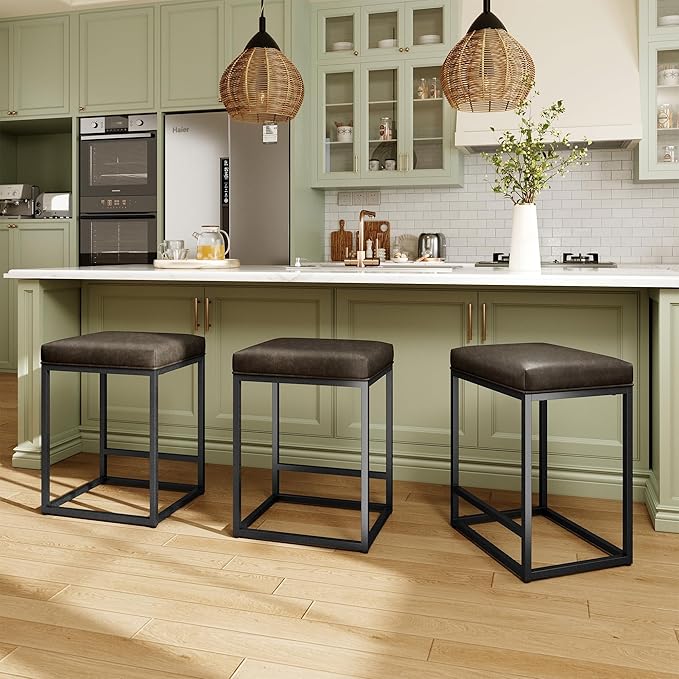 MAISON ARTS Counter Height 24" Bar Stools Set of 3 for Kitchen Counter Backless Modern Barstools Industrial Upholstered Faux Leather Stools Farmhouse Island Chairs, (24 Inch, Grey)