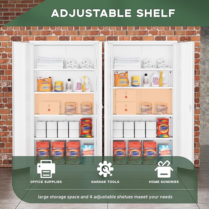 Greenvelly Metal Storage Cabinet, 72" Locking Metal Garage Storage Cabinet with Doors and 4 Adjustable Shelves, Lockable Steel Cabinets for Home Office, Garage, Shop, School (White 36" W x 18" D)