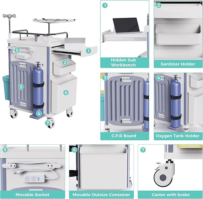 Rolling Emergency Medical Storage Crash Cart with Drawers -CPR Board, IV Pole, Silent Casters, Trash Bin, O2 Holder, Drawer with Dividers, File Box, Nursing Cart for Clinic, Hospital, Salon
