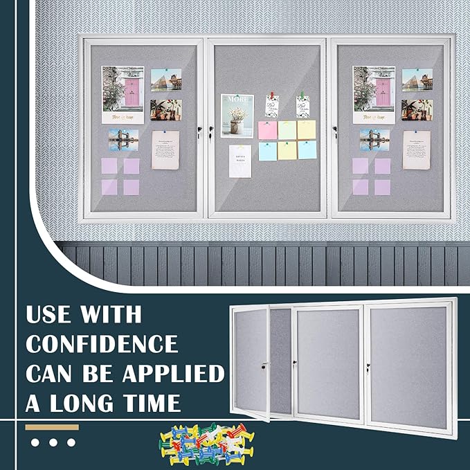 Enclosed Bulletin Board 72" x 36" Weather Resistant Lockable 3 Door Weatherproof Wall Mounted Enclosed Cork Board Aluminum Frame Display Case for Office, School, Commercial, 18xA4(Gray)