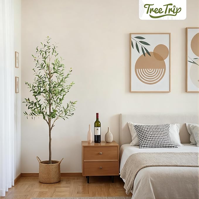 2 Pack Artificial Olive Tree 6FT, Tall Faux Olive Trees for Indoor Outdoor, Realistic Potted Plant Natural Wood Trunk, Leaves and Fruits for Home Office Decor (2, 6FT)