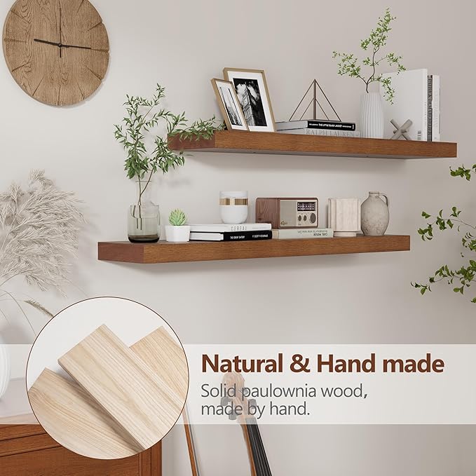 fuqing Rustic Floating Shelves for Wall, 36 Inch Floating Shelves Set of 2, Solid Dark Wood Wall Shelves for Living Room Bedroom Bathroom