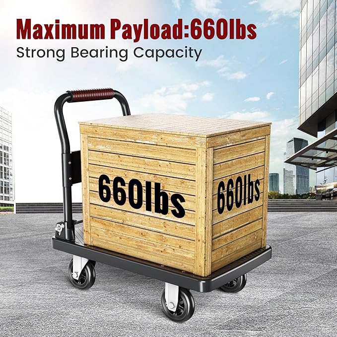 Upgraded Foldable Push Cart Dolly | 660 lbs.Capacity Moving Platform Hand Truck | Foldable for Easy Storage | 4'' PU 360 Degree Swivel Silent Wheel-Black