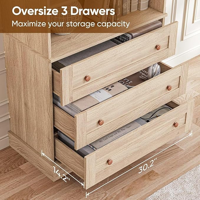 Vyre 71" Tall Farmhouse Bookshelves with Drawers, Set of 3 – Large Modular Bookcase with Adjustable Shelves, Storage Cabinet for Living Room, Kitchen, Home Office, Brown