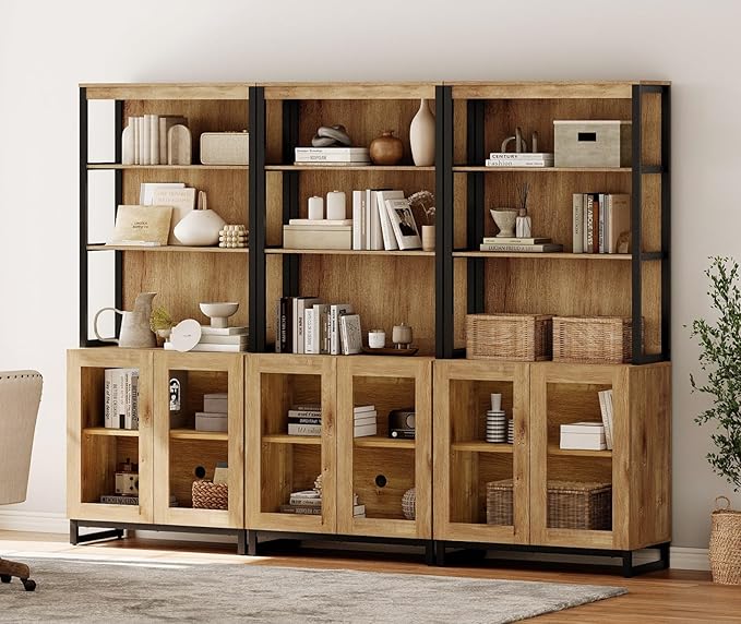 WAMPAT 3 PCS Modern 72" Tall Bookcases with Glass Doors and Adjustable Shelves, Library Book Shelf with Storage Cabinet and Open Book Shelfs, Wood Bookshelves for Home Office, Living Room, Oak