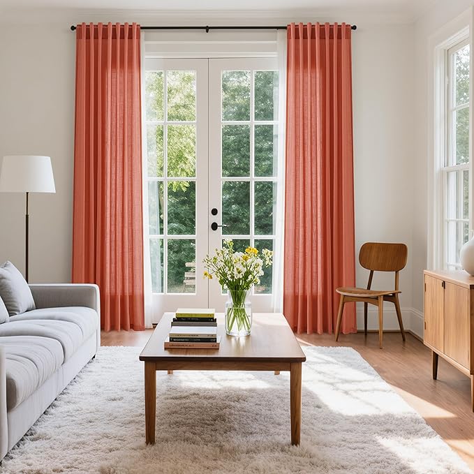 Nanspring Coral Linen Boho Curtains 90 Inch Length 2 Panel Set Back Tab Rod Pocket Semi Sheer Light Filtering Neutral Farmhouse Lightweight Drapes for Bedroom and Living Room 52x90