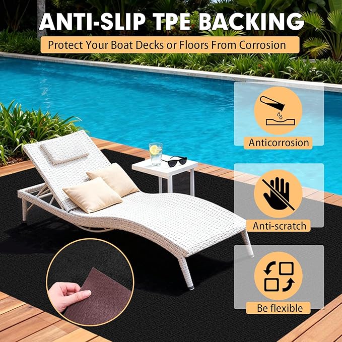 Marine Carpet - 6 FT x 18 FT Black Indoor/Outdoor Carpet, 0.2" Thick, Water-Proof TPE Backing, Non-Slide for Home, Patio, Porch, Deck