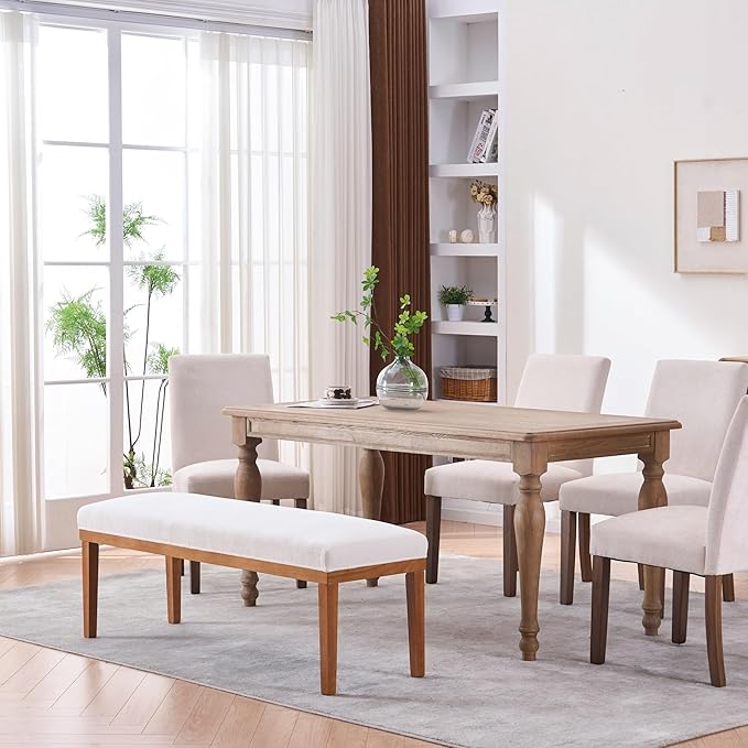 Rowill 53 Inch Long Entryway Bench for Bedroom End of Bed, Dining Room Bench with Upholstered Padded Seat and Solid Wood Leg for Kitchen, Living Room, Indoor and Hallway, Cream