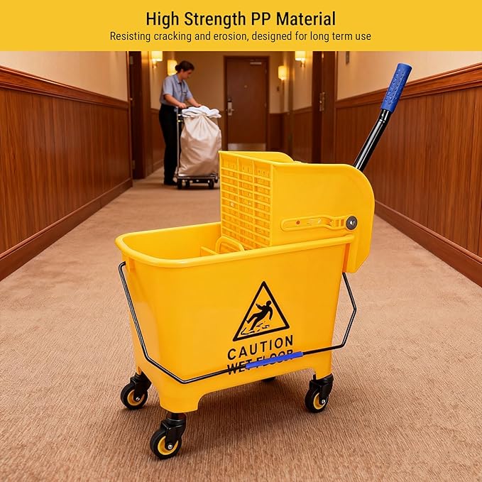 Generic Mop Bucket with Wringer, 20L Floor Cleaning Handle Wheels, 20L Side Press Wringer Commercial Mop Bucket with Wheels and Handle for Floor Cleaning