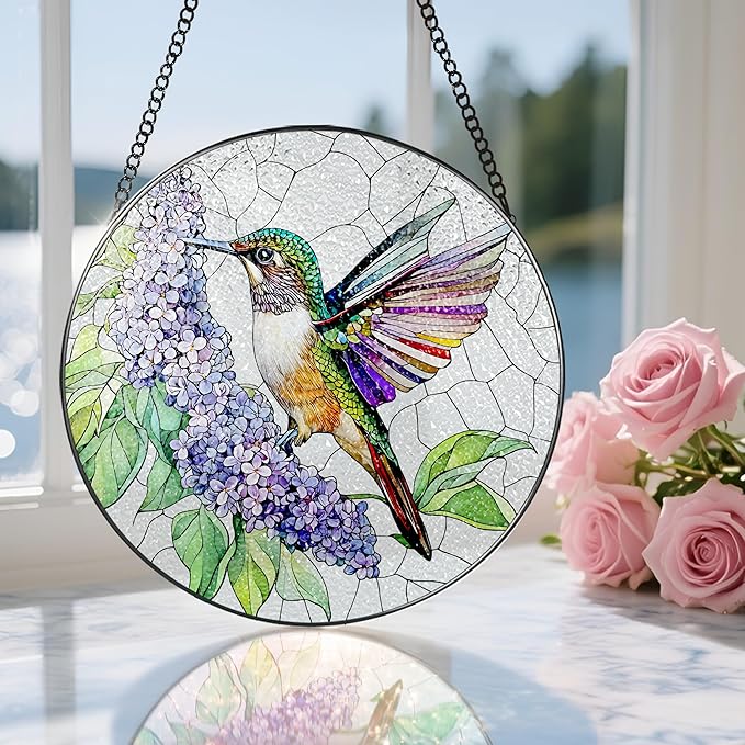 Stained Glass Window Hanging, 8 Inch Hummingbird Sun Catchers, Stained Glass Suncatcher, Window Decor, Gifts for Mothers Day, Birthday, Christmas, Hummingbird Gifts, Gift for Women Mom and Grandma