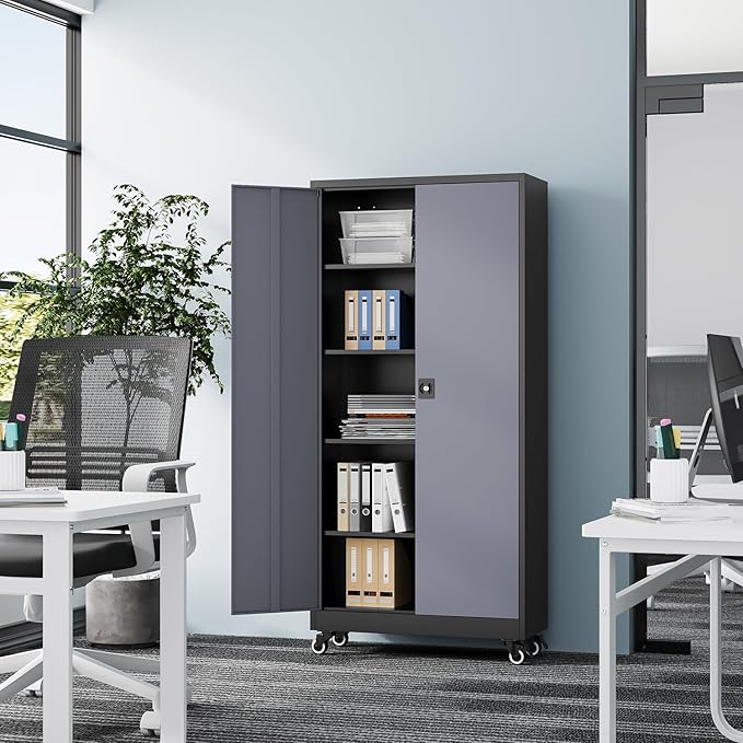 Metal Rolling Storage Cabinet-74.6” Tall Steel File Cabinets with Wheels Lockable Doors and Adjustable Shelves-Black & Gray Steel Storage Cabinet for Home, School, Office, Garage