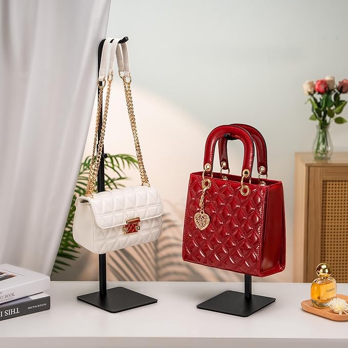 Purse Holder Handbag Display Stand: Hanger Rack Showing Bags, Purses, and Wreath, Adjustable Black Hook Stand for Tabletop, Closet, Desk, and Retail Use for Vendors