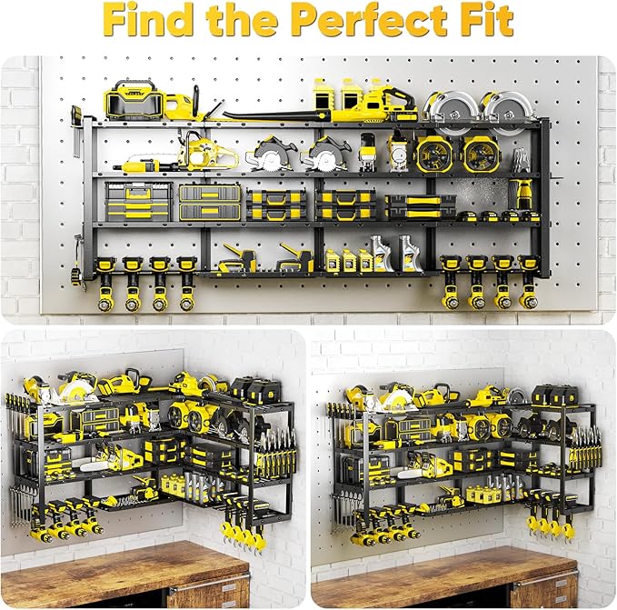 Extra Large 64" W Power Tool Organizer Wall Mount, Load 1000 lbs, Heavy Duty 4 Tier Garage Storage Rack with 8 Drill Holders, 2 in 1 Corner or Straight Installation, Christmas Gift for Men