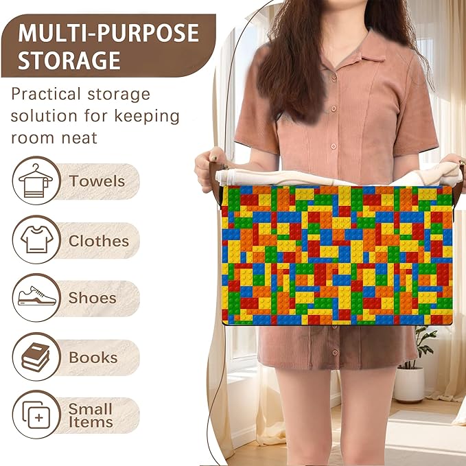 Colorful Building Blocks Storage Basket Large 17x11.5x10.5 Inche-Collapsible Fabric Organizer Bin with Handles for Kids Room, Toys, Playroom-Decorative Hamper with Educational Block-Single Pack