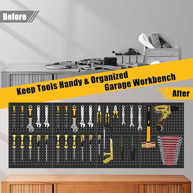 PBHEPJ 10 Pcs Metal Pegboard Panels, Heavy Duty Peg Boards for Garage and Garden Tool Storage, Includes Drywall Anchors and Screws Kits, Black (10 pcs 16in x 12in)