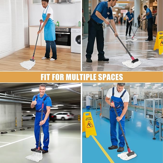 Industrial Commercial Mops for Floor Cleaning - Looped-End Heavy Duty Wet Mop with Long Handle for Hardwood Wood Tile Vinyl - Reusable Cotton Head for Home Garage Kichen Bathroom
