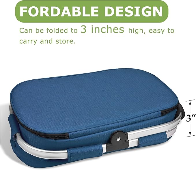 Tirrinia Large Insulated Picnic Basket, 34L Water Resistant & Leakproof Collapsible Portable Cooler Basket Set with Aluminium Handle for Travel, Shopping, Camping,Foldable Grocery Bag, Blue