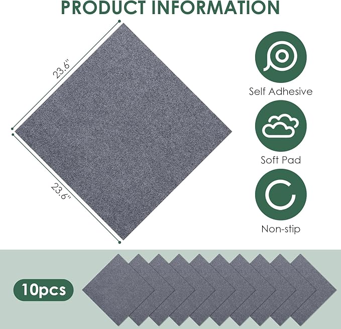 Carpet Tile 10 Pack 24” X 24” Self Adhesive Carpet Floor Tiles Anti-Slip Squares Peel and Stick Floor Tile DIY Installation for Bedroom(Dark Grey)
