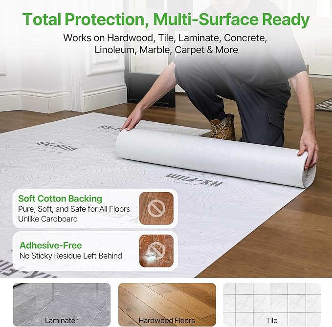 39" x50' Heavy-Duty Floor Protection | Construction Grade Carpet Protector | Drop Cloth Plastic Film for Hardwood Floors | Waterproof Painters Covering with No Residue(Summit White)