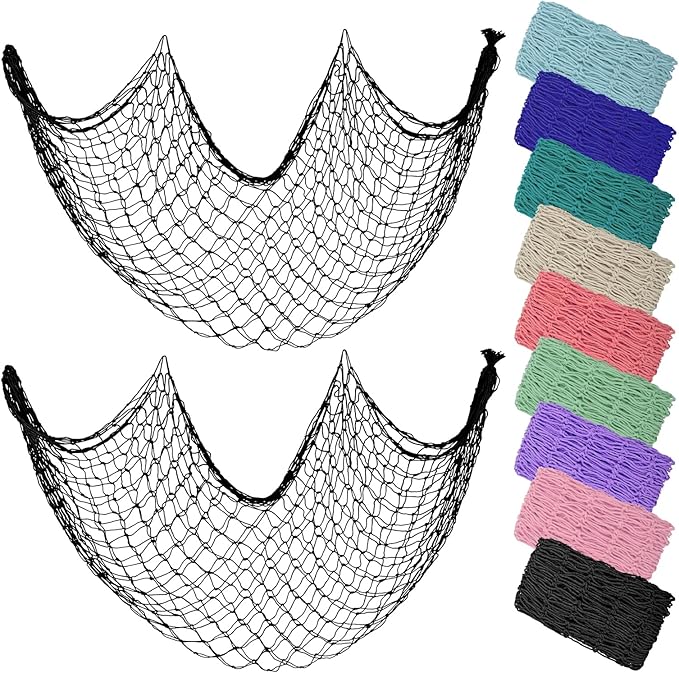 ZUEXT Decorative Fishing Net 80x40 Inch, 2 Pack Large Black Picture Fish Net, Wall Photo Hanging Fishnet for Nautical Mermaid Pirate Ocean Themed Hawaii Beach Under The Sea Party Decorations